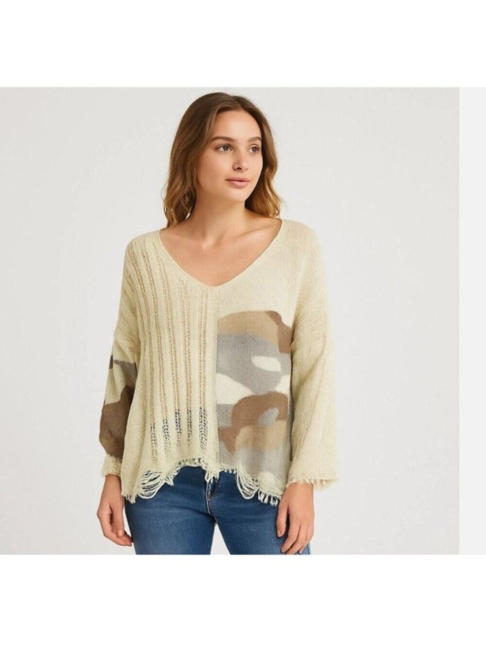 POL V-Neck Oversize Knit Drop Sleeve Sweater Cream Camo Distressed Size Small